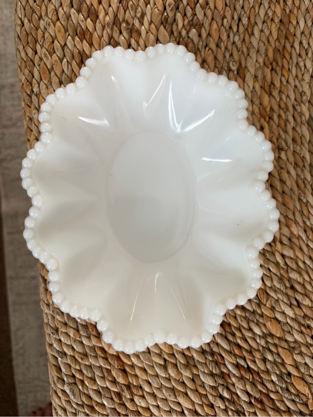 Vintage White Milk glass candy trinket or candle dish - Classic Beaded Edge
